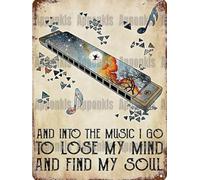 Plaque en métal humoristique rétro « Harmonica et musique : je perds la tête et retrouve mon âme », idéale pour la décoration murale de la maison, de la cuisine, d'un bar, d'un café ou d'un garage (1