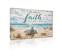 Plaque en métal « I Will Walk by Faith Sea Turtle » - Décoration murale chrétienne pour chambre à coucher, salon, salle de prière, maison de plage, décoration d'intérieur Faith, 30,5 x 20,3 cm (26147)
