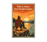 Plaque en métal « Ici naissent les pensées profondes » - Décoration murale rustique pour camping, pêche, coucher de soleil sur un lac - Illustration humoristique pour salle de bain, toilettes, style