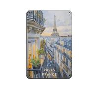 Plaque en métal imprimée Tour Eiffel sur balcon - Décoration murale rétro pour pub, club, café, bar, maison - 20 x 30 cm