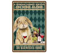 Plaque en métal « Lapin » : « Une femme ne peut pas survivre avec du vin seul. Elle a aussi besoin d'un lapin », vintage, drôle, rétro, en aluminium, pour maison, ferme, jardin, bar, salle de bain, c
