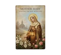 Plaque en métal Mother Mary Lighting The Way With Love | Décoration murale vintage en métal pour café, club, jardin 20,3 x 30,5 cm
