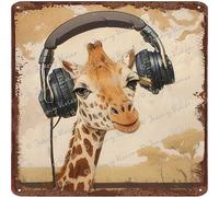 Plaque en métal motif girafe en forme de girafe avec écouteur de musique - Décoration murale amusante - 30,5 x 30,5 cm