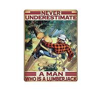 Plaque en métal Ne sous-estimez jamais un homme qui est un bûcheron Affiche d'art vintage Peinture sur fer rétro Décoration murale Art Cadeau d'extérieur Café Bar Garage Ferme Décoration 40,6 x 30,5