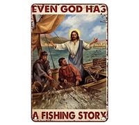 Plaque en métal pour chambre à coucher avec inscription « Man Cave Even God Has A Fishing Story God » - Décoration murale en métal - Cadeau amusant - 20,3 x 30,5 cm