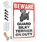 Plaque en métal pour décoration intérieure et extérieure Beware! Guard Silky Terrier On Duty Petite plaque en métal pour chambre (20 x 30 cm)