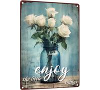 Plaque en métal pour jardin - Décoration vintage - Fleurs fraîches et amusantes - Pour cuisine - Enjoy The Little Things Farmhouse - 30,5 x 40,6 cm