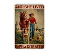Plaque en métal pour plaque en métal rétro - Affiche vintage fille avec cheval et chiens, « She Lived Happily Ever After » - Décoration murale pour salon - 20,3 x 30,5 cm - Blanc