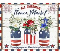 Plaque en métal rétro 14 x 20 cm All American Flower Market Patriotic Wreath Attachement Fièrement Grown On American Soil Décoration murale amusante Arts nostalgiques Décoration murale étanche