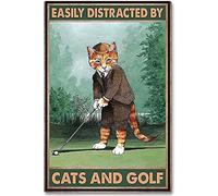 Plaque en métal rétro - 20,3 x 30,5 cm - Facilement distrait par les chats et les chats de golf - Cadeau pour les amateurs de golf - Décoration d'intérieur - Affiche en métal - Décoration murale