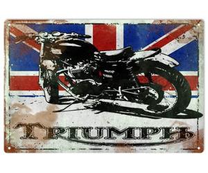 Plaque en métal rétro avec motif moto de triomphe avec drapeau britannique, pub, bar, maison, cuisine, restaurant - 20,3 x 30,5 cm
