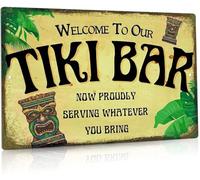 Plaque en métal rétro « Bienvenue dans notre bar Tiki », plaque en métal vintage pour bar, club de musique, caverne d'homme, décoration murale, 30,5 x 20,3 cm