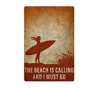 Plaque en métal rétro « Girl Surf » « The Beach Is Calling And I Must Go Skateboarding » - Décoration murale vintage - Cadeau pour salle de bain, restaurant, ferme, chambre à coucher, café, école