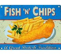 Plaque en métal rétro Martin Wiscombe Fish and Chips - Plaque en métal amusante pour maison, grotte, garage, bar, décoration murale vintage - 20,3 x 30,5 cm