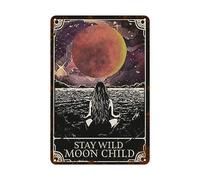 Plaque en métal rétro rustique - Affiche en métal hippie - Poster en métal « Stay Wild Moon Child » - Décoration murale pour enfants avec fleurs - Impression hippie - Âme gitane - Décoration murale de