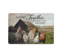 Plaque en métal rétro rustique « The Chickens On The Farm And So Together We Build A Life We Loved » - Décoration murale amusante pour maison, cuisine, chambre à coucher, salle de bain, pubs - 20,3 x