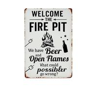 Plaque en métal rétro « Welcome The Fire Pit Beer And Open Flames » pour café, bar, pub, maison, salle de jeux, salle de sport, club - Décoration murale vintage - 20,3 x 30,5 cm