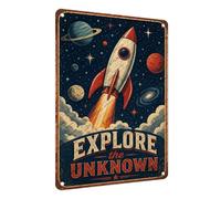 Plaque en métal Rocket Space - Décoration murale rétro galaxie - Explorez l'inconnu - Art mural pour chambre à coucher, étude - 30 x 40 cm