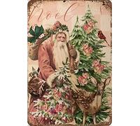 Plaque En Métal Rose Père Noël Shabby Chic Noel Cerf Écureuil Vacances Rétro Plaque Deco Metal Décorative Métallique Panneau Pour Café Collection Jardin,20X30Cm
