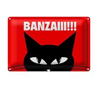 Plaque en métal rouge avec motif chat et inscription « Banzai !!! » | Décoration pour la maison et le bureau | 18 cm x 12 cm