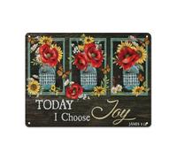Plaque en métal rustique avec de magnifiques coquelicots, marguerites jaunes et papillons monarques. Inscription « Aujourd'hui, je choisis la joie ». Illustration de Jésus. Décoration murale 30 x 4