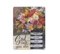 Plaque en métal rustique avec dessin de fleur, peinture colorée, papillon orange, « Dieu dit que tu es unique », portrait de Jésus, décoration murale chrétienne 30 x 40 cm