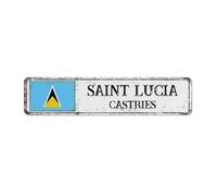 Plaque en métal rustique avec drapeau de Sainte-Lucie - Décoration de rue pour homme - Plaque en étain pour porte d'entrée, bureau, maison, souvenir de pays national, affiche d'art routière, cadeau