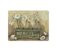 Plaque en métal rustique avec marguerite, frangipanier et papillon blanc. « Aujourd'hui, je choisis la joie ». Illustrations de paysage de Jésus. Décoration murale chrétienne pour la maison, la cui