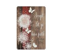 Plaque en métal rustique avec pissenlit, papillon et fond cramoisi. Affiche « Accepte ce qui est et aie foi en ce qui sera ». Portrait de Jésus. Décoration murale chrétienne 20 x 30 cm.