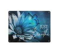 Plaque en métal rustique avec une magnifique fleur bleue, un papillon magique et un superbe dessin. Impressions de paysage « Just Breathe Jesus », décoration murale 30 x 40 cm.