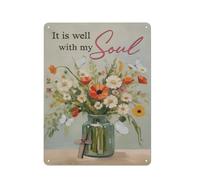 Plaque en métal rustique, décoration murale chrétienne, affiche « Mon âme est en paix », fleurs en pot, 30 x 40 cm (12 x 16 pouces). Idéale pour le salon, la chambre ou le bureau.