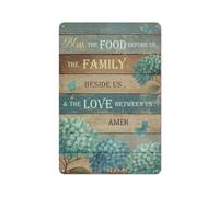 Plaque en métal rustique, décoration murale inspirante « Bénissez la nourriture devant nous », citation motivante, images, motif floral bleu, style vintage, 20 x 30 cm (8 x 12 pouces), idéale pour