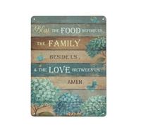 Plaque en métal rustique, décoration murale inspirante « Bénissez la nourriture devant nous », citation motivante, images, motif floral bleu, style vintage, 30 x 40 cm (12 x 16 pouces), idéale pour