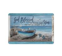 Plaque en métal rustique « God Blessed The Broken Road », bateau en bois bleu, dessin de tortue, décoration murale pour maison, chambre à coucher, salon, 20,3 x 30,5 cm