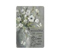 Plaque en métal rustique, nature morte, fleur blanche, papillon, « Là où la vie te fait fleurir, épanouis-toi avec grâce », portrait de Jésus, art mural chrétien 20 x 30 cm