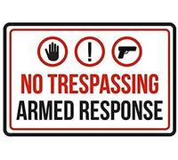 Plaque en métal rustique « No Trespassing Armed Response » - Avertissement commercial - Grande plaque murale en aluminium - Décoration murale - 20,3 x 30,5 cm