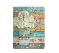 Plaque en métal rustique représentant un bocal Mason et des colibris sur fond de bois coloré. « Si tu veux changer le monde, rentre chez toi et aime ta famille. » Décoration murale style ferme, 30