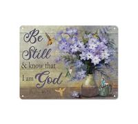 Plaque en métal rustique représentant un colibri, une fleur violette et une nature morte. « Soyez tranquilles et sachez que je suis Dieu », illustration de Jésus, paysage, décoration murale, 30 x 4