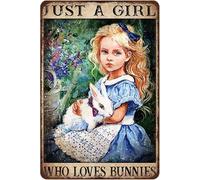 Plaque en métal rustique rétro « Little Girl Rabbit Just A Girl Who Love Bunnies » - Peinture en fer pour bar, garage, dîner, café, maison, décoration murale - 20,3 x 30,5 cm