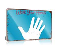 Plaque en métal rustique « Wash Your Hands » avec silhouette de main blanche - Panneau en métal - Décoration amusante pour bar (20 x 30 cm)