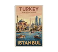 Plaque en métal style rétro avec pont du Bosphore Turquie Istanbul | Décoration murale ronde en métal pour café, club, jardin, 20,3 x 30,5 cm