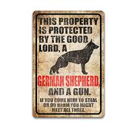 Plaque en métal « This Property Is Protected By The Good Lord A German Shepherd And Gun » - Avertissement - En aluminium - Pour la maison, le café, la sécurité routière - 20,3 x 30,5 cm