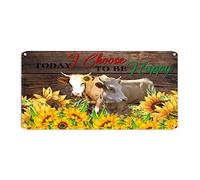 Plaque en métal « Today I Choose to Be Happy » - Motif vache du milieu du siècle - Tournesol - 15,2 x 30,5 cm - Facile à monter - Plaque en métal pour bar, garage, chambre de garçon