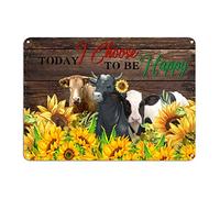 Plaque en métal « Today I Choose to Be Happy » - Motif vache et tournesol - 25,4 x 35,6 cm - Décoration murale en métal résistant aux intempéries - Pour café, bar, pub, maison, cave à bière