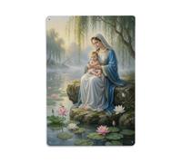 Plaque en métal Vierge Marie et bébé Jésus de l'étang | Plaque murale de style vintage pour café, bar, bureau, maison, jardin, porte d'entrée, chambre à coucher et couloir 20,3 x