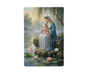 Plaque en métal Vierge Marie et bébé Jésus de l'étang | Plaque murale de style vintage pour café, bar, bureau, maison, jardin, porte d'entrée, chambre à coucher et couloir 20,3 x