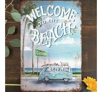 Plaque en métal vintage 20,3 x 30,5 cm, décoration murale California Surfer Welcome To The Beach Surf Van Surf Planche de surf pour maison, salon, chambre à coucher, jardin, garage, café, bar, pub