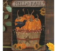Plaque en métal vintage 20,3 x 30,5 cm, décoration murale Hello Fall, citrouille, corbeau et tournesol, oiseau noir pour maison, salon, chambre, jardin, garage, café, bar, pub