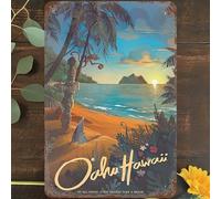 Plaque en métal vintage 20,3 x 30,5 cm, décoration murale Oahu, Hawaï, mer, plage, palmier, coucher de soleil, poster pour maison, salon, chambre, jardin, garage, café, bar, pub