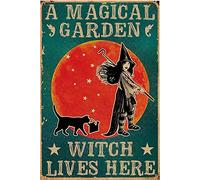 Plaque en métal vintage « A Magical Garden Witch Lives Here » - Cadeau pour homme et femme - Pour Halloween, anniversaire, Noël - Décoration artistique - 30,5 x 20,3 cm